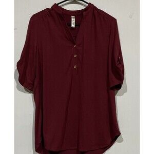 Per Seption Concept Blouse Women's Size Large VNeck Button 1/2 Sleeves Burgundy